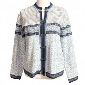 LL Bean Nordic Cotton Cardigan Sweater Blue White Size Small